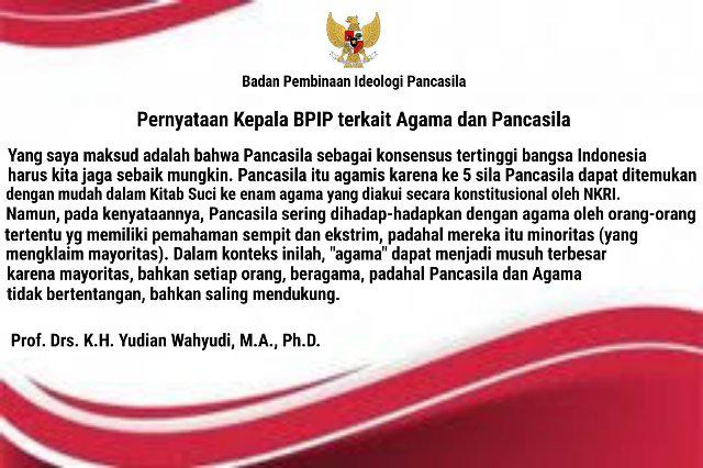 Melalui Akun Twitter BPIP, Yudian Wahyudi Klarifikasi 'Agama Musuh Pancasila'