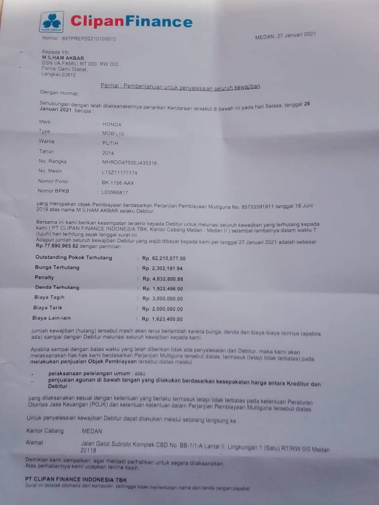 Leasing Clipan Finance Medan Tak Manusiawi