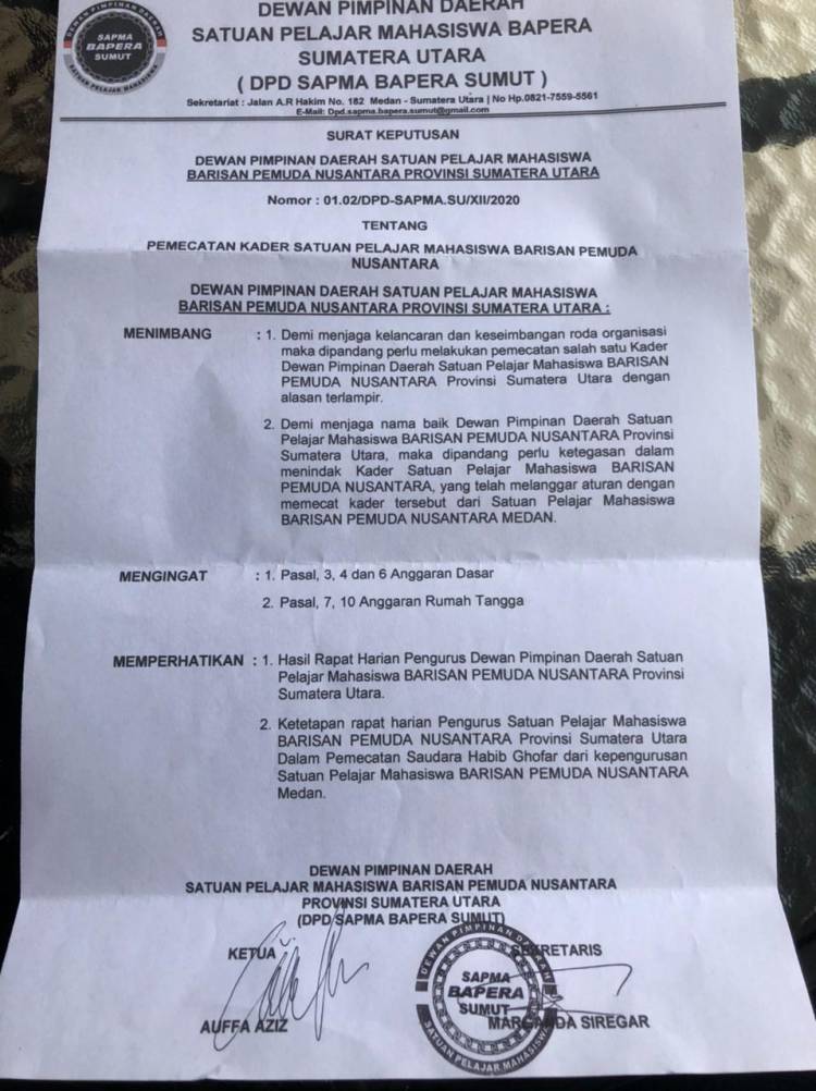 Ketua DPD Sapma Bapera Sumut Pecat Habib Ghofar dari Pengurus Medan