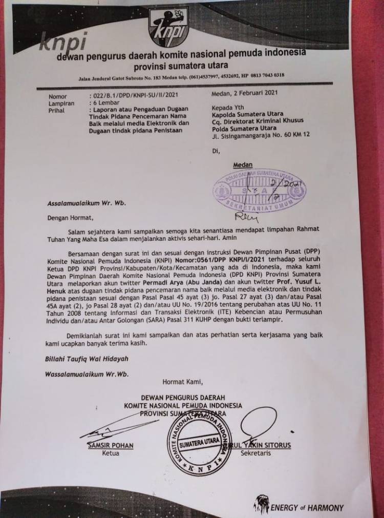 KNPI Sumut Juga Laporkan Abu Janda dan Guru Besar USU ke Polisi