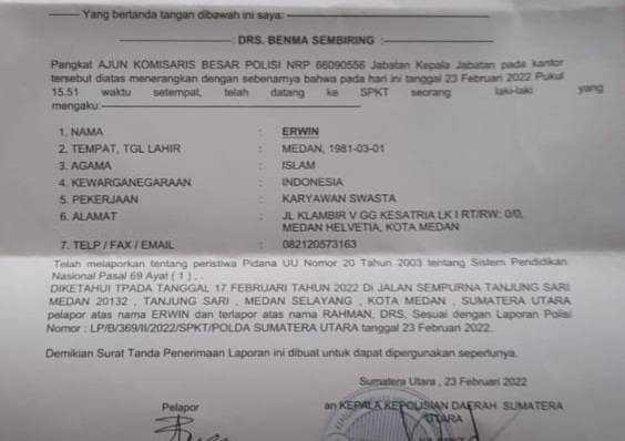 Anggota Fraksi Partai Golkar DPRD Deliserdang Dilaporkan ke Polda Sumut