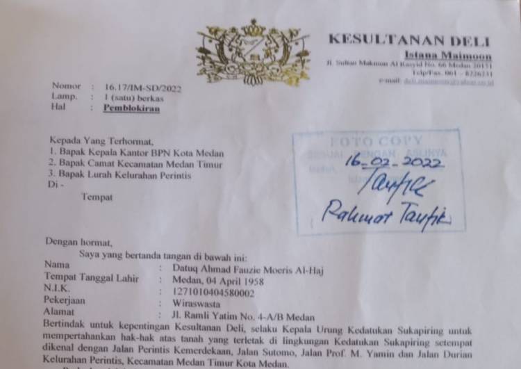 Kesultanan Deli Minta BPN Medan Blokir PT. KAI