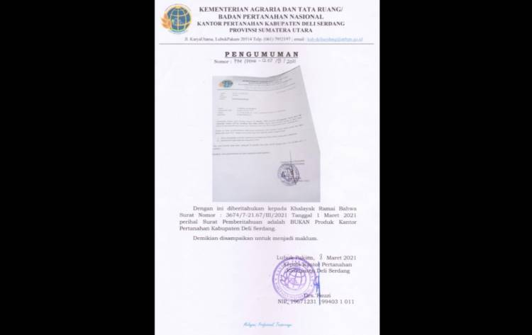 Mafia Tanah Bermain, BPN Deliserdang Kebobolan Surat Palsu