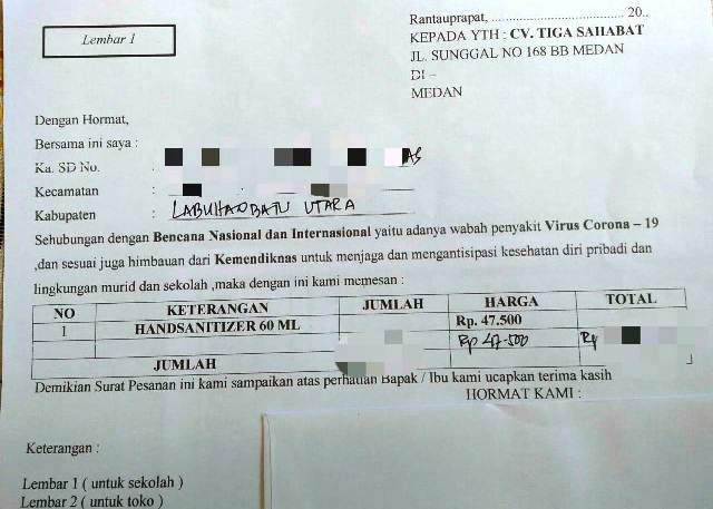 Aji Mumpung, Dana BOS Labura Rp 2,8 Miliar Dialihkan Untuk Beli Hand Sanitizer