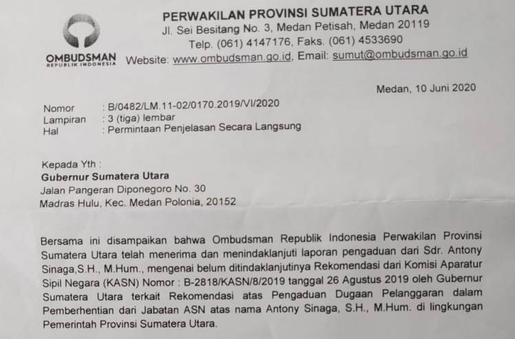 Senin,Ombudsman Panggil Gubernur Sumut Terkait Anthoni Sinaga