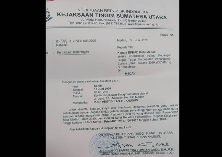 Hari Ini, Kejati Sumut Panggil Kepala BPKAD Medan