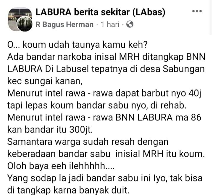 "86" Rp 300 Juta, BNNK Labura Diduga Tangkap Lepas Bandar Sabu