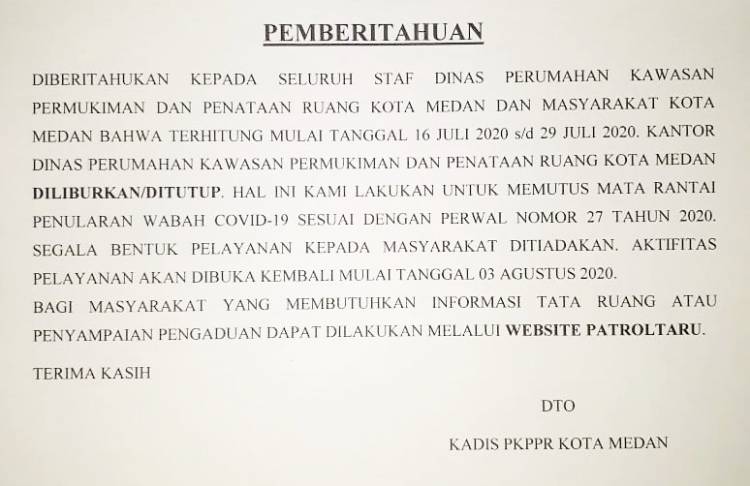 1 ASN Positif Corona, 14 Hari Kantor Dinas PKP2R Kota Medan Ditutup