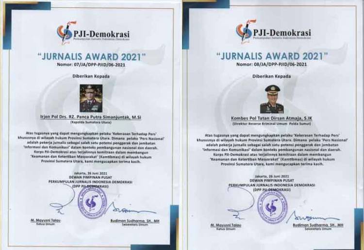 Irjen Panca dan Kombes Tatan Dirsan Dapat Anugerah Jurnalis Award 2021