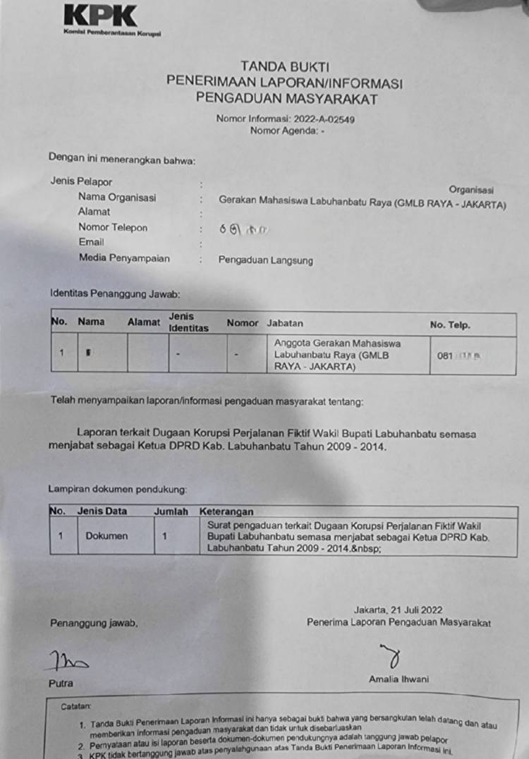 GMLB-Jakarta Resmi Laporkan Wabup Labuhanbatu ke KPK