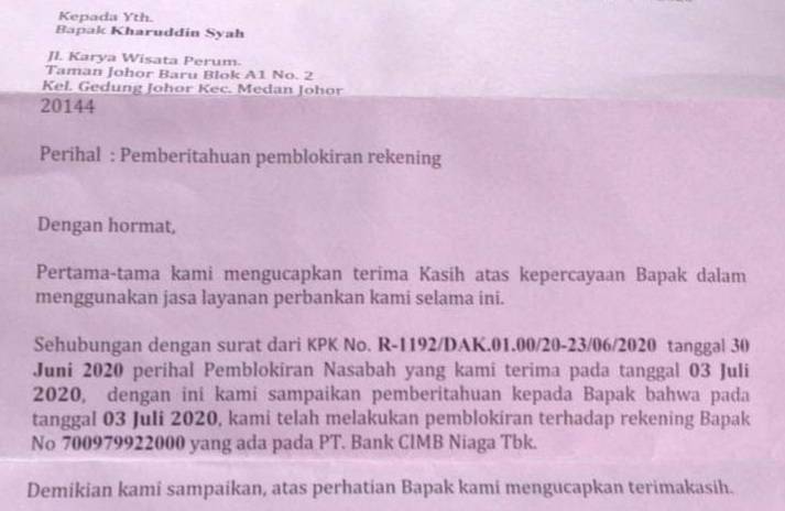 Permintaan KPK, Bank CIMB Niaga Blokir Rekering Bupati Labura