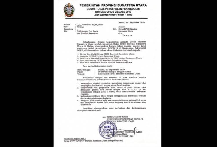 Besok, Semua Penghuni DPRD Sumut Tes Swab Covid-19