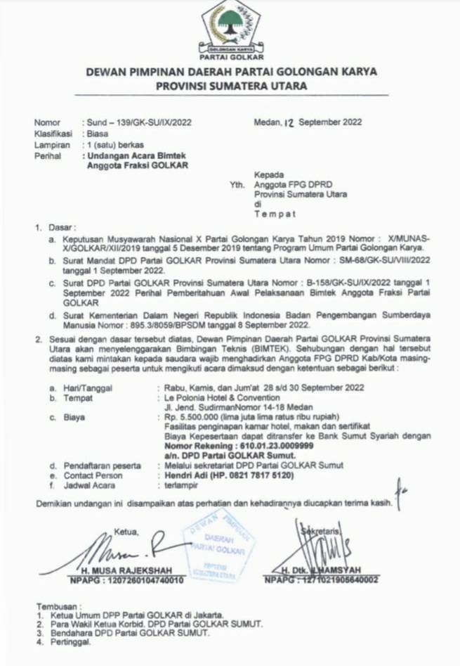 Bayar Rp5,5 Juta, Anggota DPRD Boniran Meninggal Saat Mengikuti Bimtek Golkar Sumut