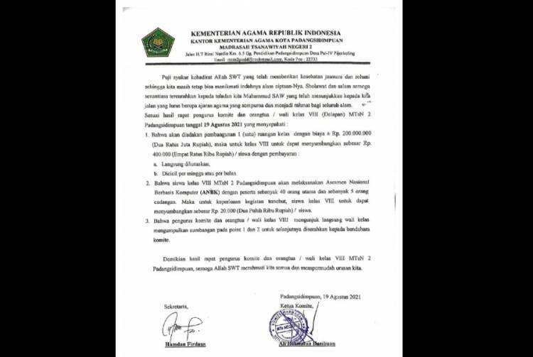 Demi Ruang Kelas Baru, MTs Negeri 2 Padangsidimpuan Pungut Biaya Rp 400 Ribu Per Siswa