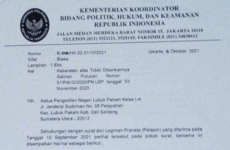 Menko Polhukam Tegur Ketua PN Lubuk Pakam Terkait Gugatan SHM Palsu Caplok Nama Anggota DPR RI