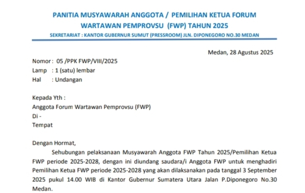 Tersebar Undangan Wartawan Untuk Pemilihan Ketua FWP di Kantor Gubernur Sumatera Utara