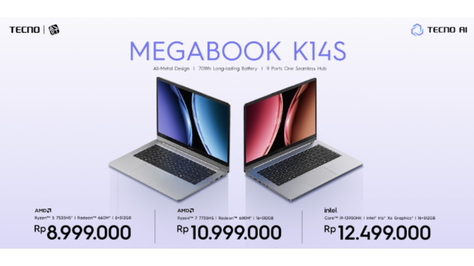 TECNO MEGABOOK K14S Resmi Meluncur di Indonesia, Laptop AI Tipis dengan Ryzen 7 dan Intel Core i9 Mulai Rp8 Jutaan